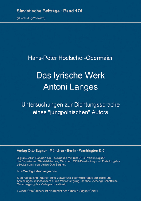 Das lyrische Werk Antoni Langes - Hans-Peter Hoelscher-Obermaier