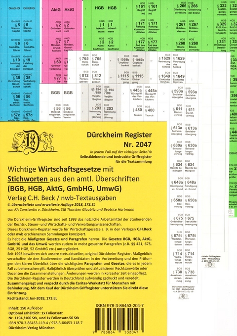 WIRTSCHAFTSGESETZE-STEUERRECHT (BGB, HGB, GmbHG, AktG, UmwG) Dürckheim-Griffregister Nr. 2047 (2018) mit Stichworten - 