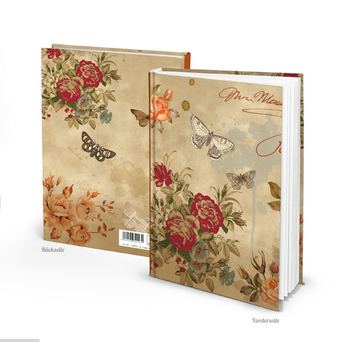 Notizbuch "Rosen Schmetterling" beige rot floral (Hardcover A5, Blankoseiten)