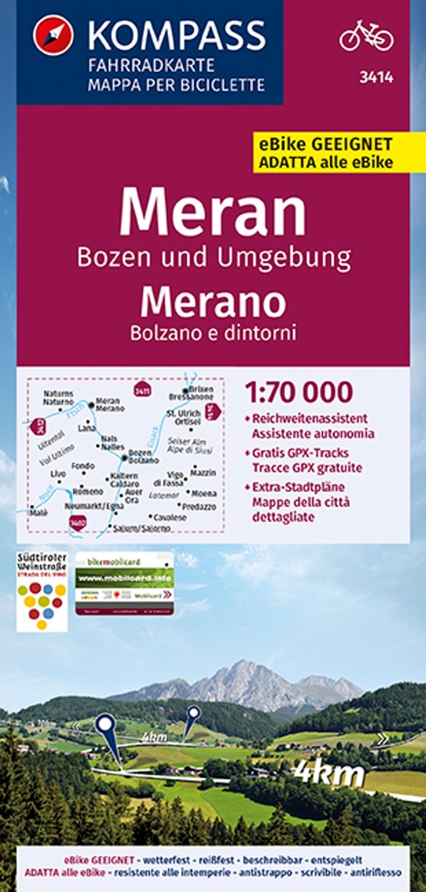 KOMPASS Fahrradkarte 3414 Meran, Bozen und Umgebung, Merano, Bolzano e dintorni 1:70.000