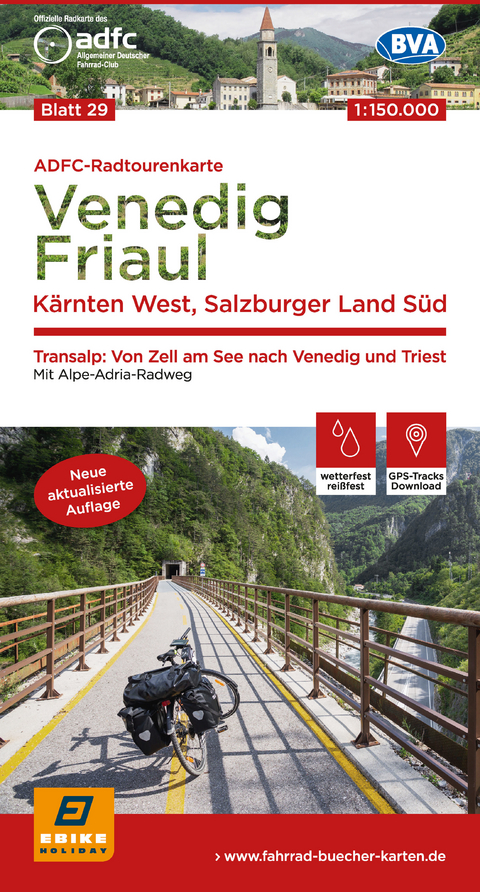 ADFC-Radtourenkarte 29 Venedig, Friaul - Kärnten West, Salzburger Land Süd, 150.000, reiß- und wetterfest, E-Bike geeignet, GPS-Tracks Download
