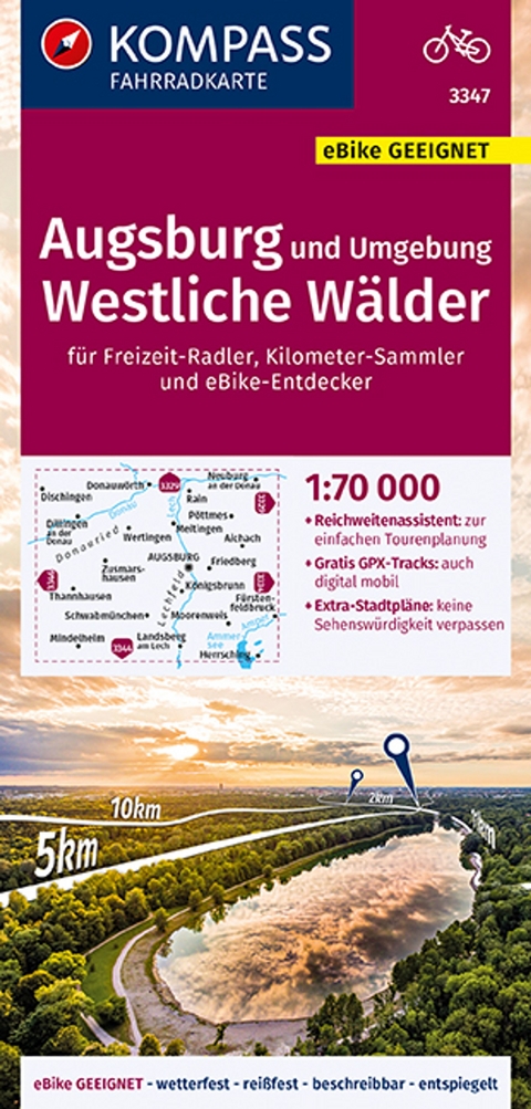 KOMPASS Fahrradkarte 3347 Augsburg und Umgebung, Westliche Wälder 1:70.000
