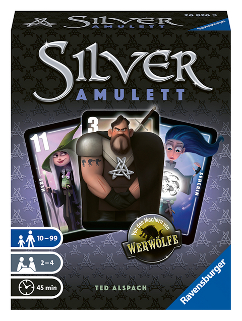 Ravensburger 26826 - Silver Amulett, Kartenspiel für 2-4 Spieler, Taktikspiel ab 10 Jahren, Charaktere von Werwölfe - Ted Alspach