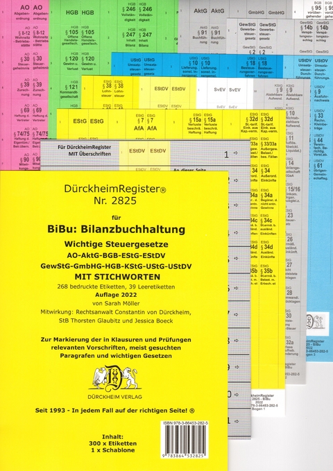 DürckheimRegister® 2825-BiBu- BilanzSteuerrecht - Wichtige Gesetze MIT STICHWORTEN für deine AO-AktG-BGB-EStG-EStR-GmbHG-HGB- KStG-UStG - Sarah Möller