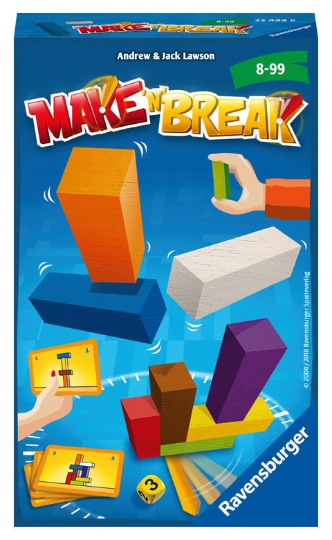 Ravensburger 23444 - Make 'n' Break, Mitbringspiel für 2-4 Spieler, Kinderspiel ab 8 Jahren, kompaktes Format, Reisespiel, Aktionsspiel - Andrew und Jack Lawson