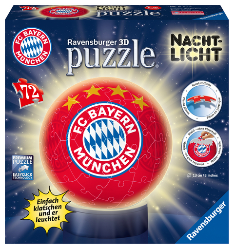 Ravensburger 3D Puzzle 12177 - Nachtlicht Puzzle-Ball FC Bayern München - 72 Teile - ab 6 Jahren, LED Nachttischlampe mit Klatsch-Mechanismus