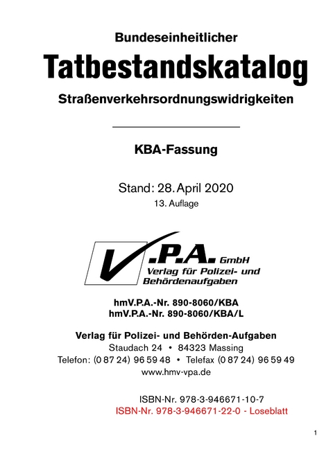 13. Ergänzung zum Bundeseinheitlichen Tatbestandskatalog, KBA-Langfassung, Stand 04/2020 - 