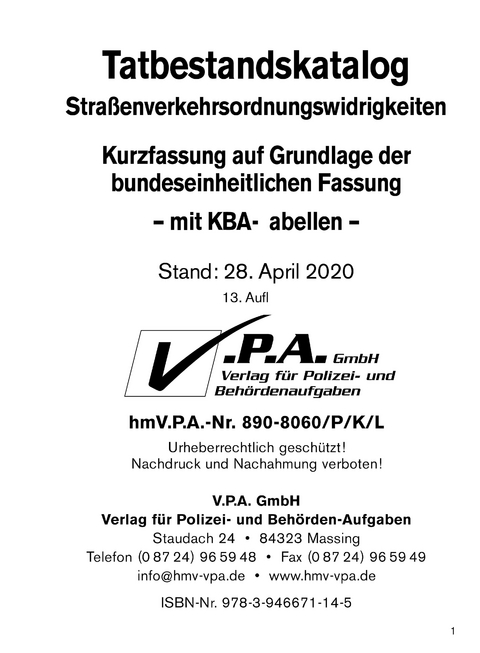 13. Ergänzungslieferung Bundeseinheitlichen Tatbestandskatalog Kurzfassung incl. KBA-Tabellen, Stand April 2020 - 