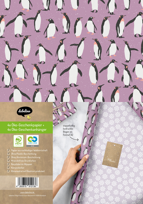 Geschenkpapier Set Weihnachten: Pinguine (lila, weiß) für Kinder