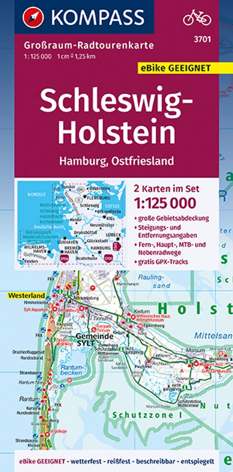 KOMPASS Großraum-Radtourenkarte Schleswig-Holstein, Hamburg, Ostfriesland, 1:125000 - 