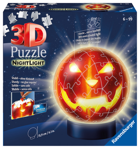 Ravensburger 3D Puzzle Kürbiskopf Nachtlicht 11253 - Puzzle-Ball - 72 Teile - für Halloween Fans ab 6 Jahren