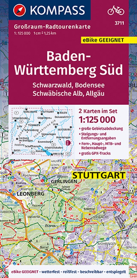 KOMPASS Großraum-Radtourenkarte Baden-Württemberg Süd, Schwarzwald, Bodensee, Schwäbische Alb, Allgäu, 1:125000 - 