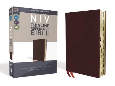 NIV, Thinline Reference Bible (Deep Study at a Portable Size), Bonded Leather, Burgundy, Red Letter, Thumb Indexed, Comfort Print -  Zondervan