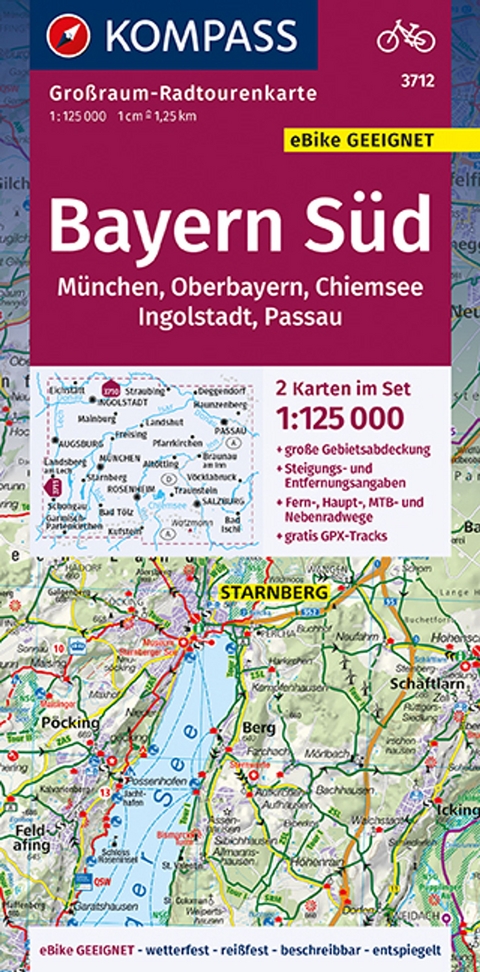 KOMPASS Großraum-Radtourenkarte 3712 Bayern Süd, Oberbayern, Chiemsee, Ingolstadt, Passau, München 1:125.000