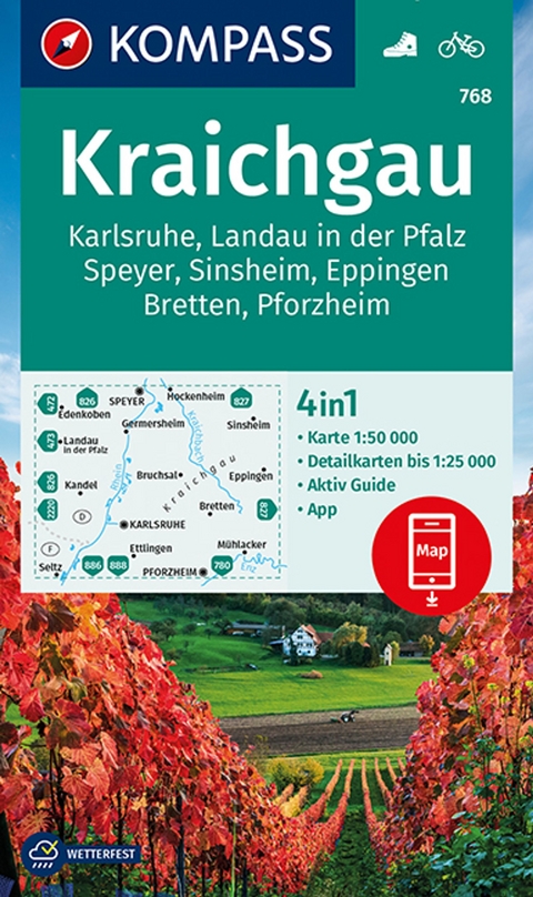 KOMPASS Wanderkarte 768 Kraichgau, Karlsruhe, Landau i. d. Pfalz, Speyer, Sinsheim, Eppingen, Bretten, Pforzheim 1:50.000