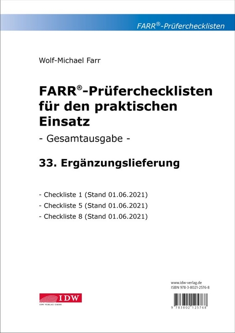 Farr, Prüfercheckl. 33. Erg.Lief. z. Grundwerk, inkl. CL 1,5 + 8 - Wolf-Michael Farr