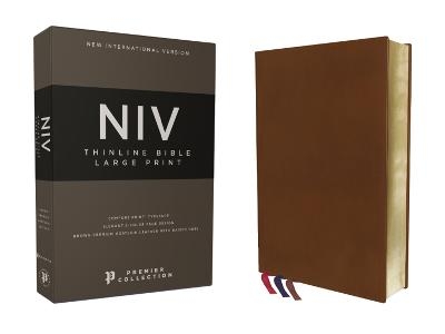 NIV, Thinline Bible, Large Print, Premium Goatskin Leather, Brown, Premier Collection, Black Letter, Art Gilded Edges, Comfort Print -  Zondervan